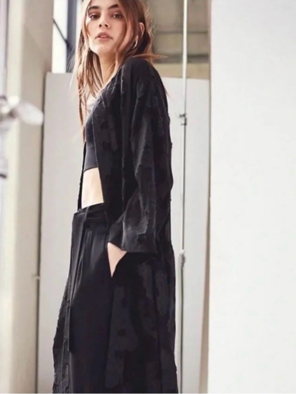 Aritzia WILFRED Durante Black Sheer Floral Jacquard Kimono Robe Jacket, Size XS - Picture 3 of 13